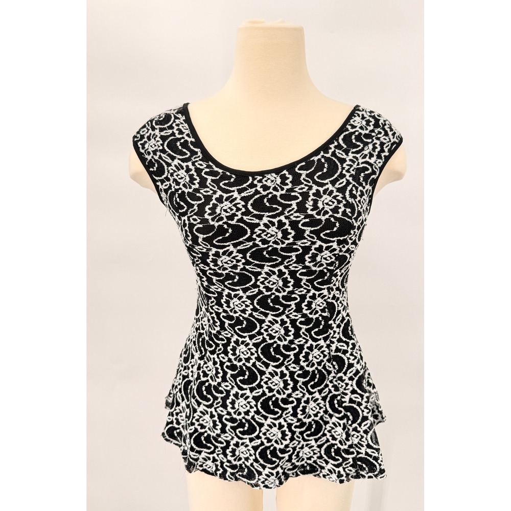 Unbranded Lace Peplum Top Women Size S Black White Bow Back Sheer Floral